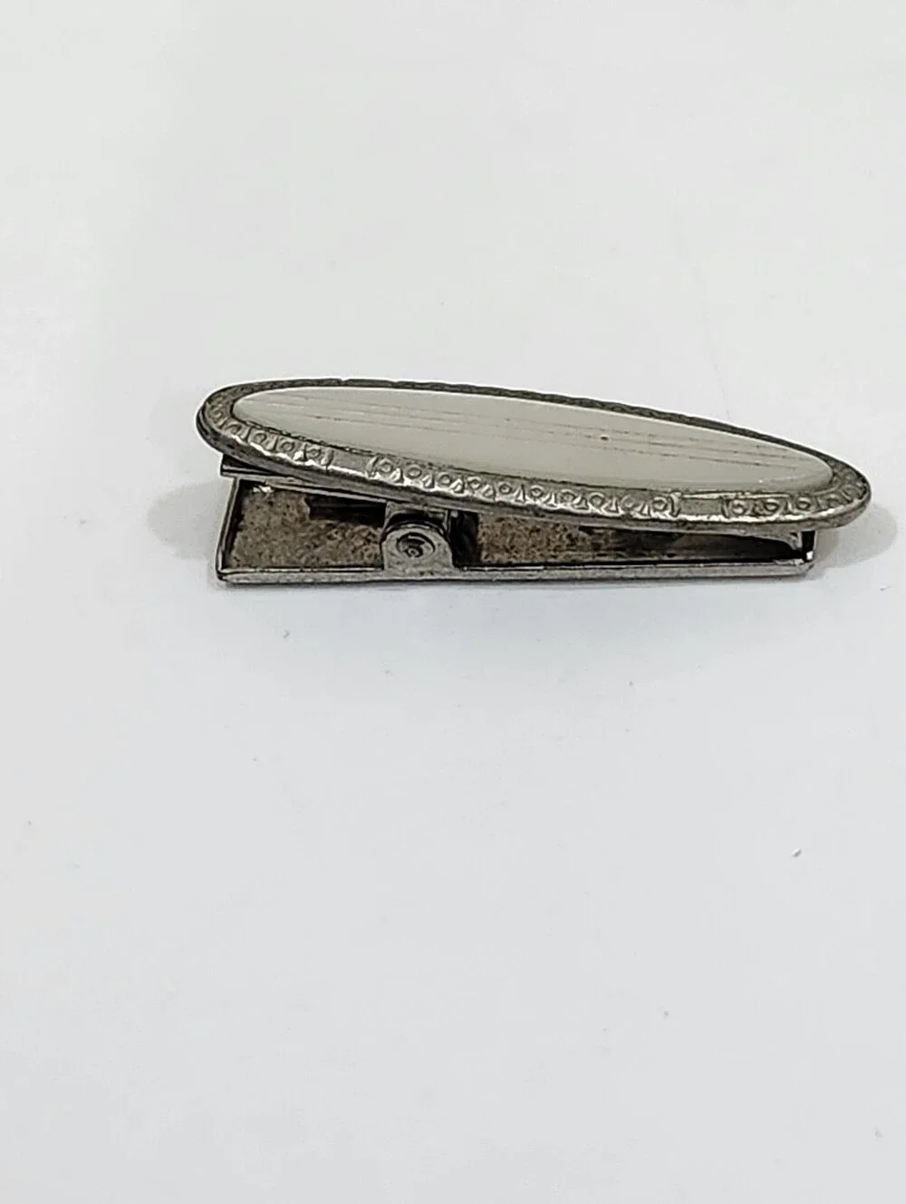 Vintage Tie Clip White Mother Of Pearl Inlay Art Deco Silver Tone Frame